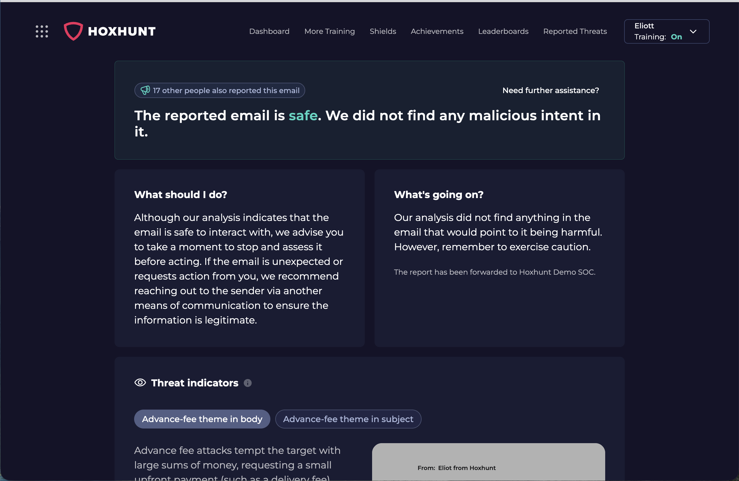 Instant Feedback popup showing a safe verdict to the reporting employee