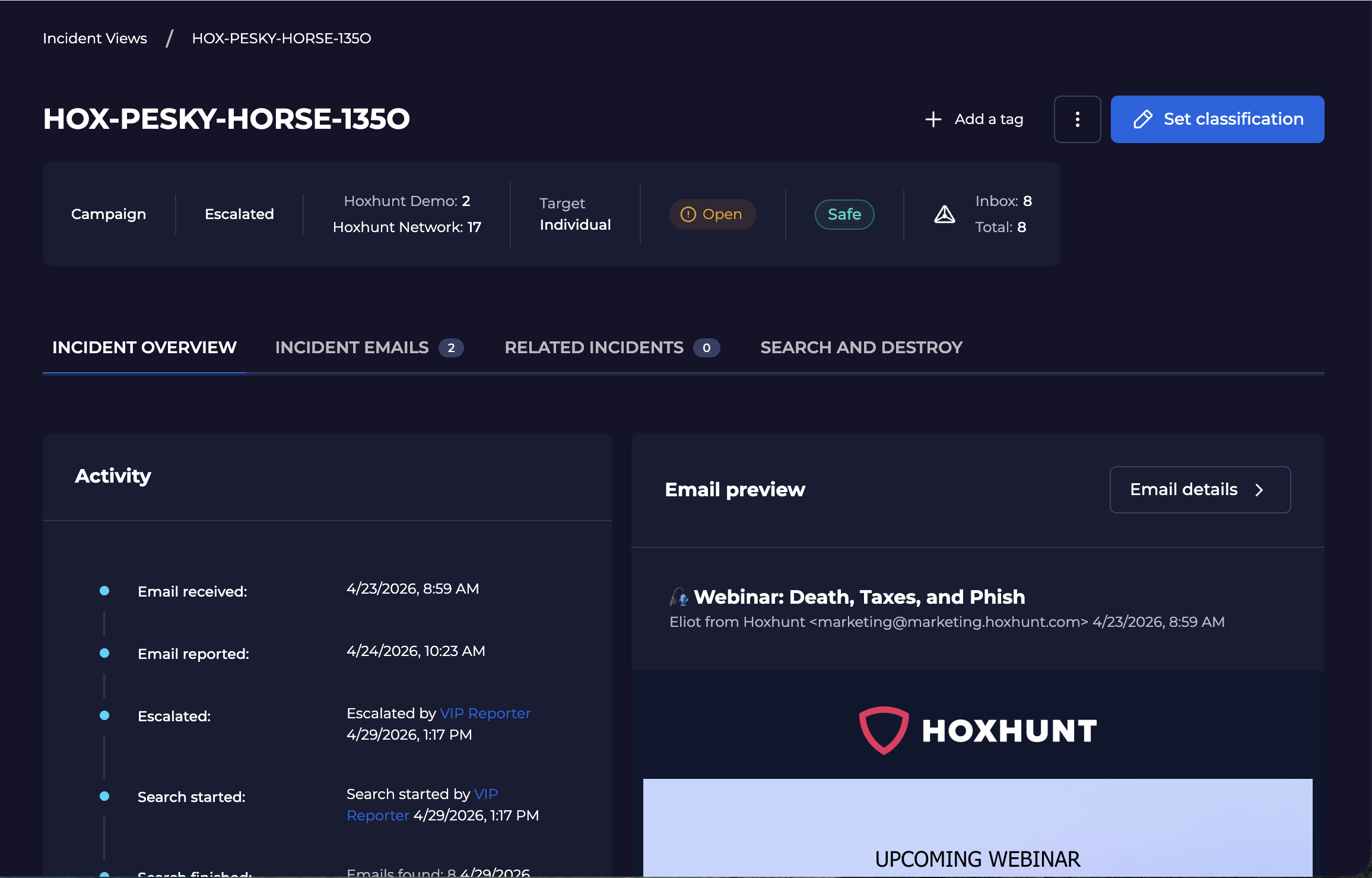 Incident orchestration view showing a safe report resolved automatically